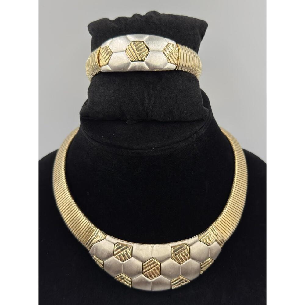 Vintage 90s Bold‎ Multi Tone Omega Honeycomb Collar Necklace & Bracelet Set